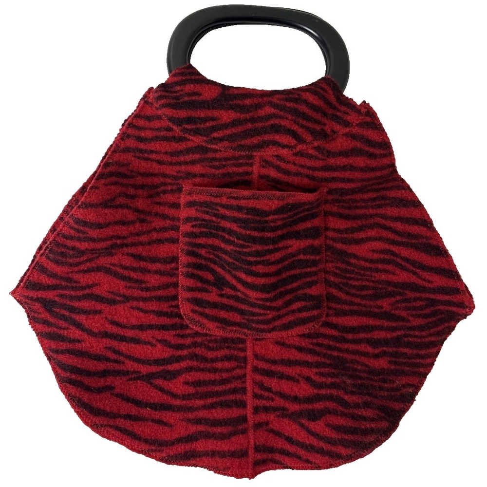 Wool Zebra Print Top Handle Bag Handbag Purse Wood Handle Red Black‎